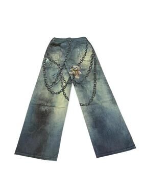 Blue denim with chain details and heart charm print design